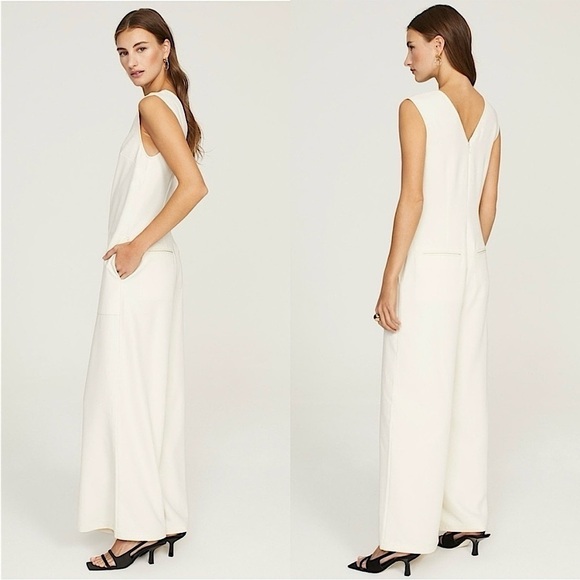 MARINA MOSCONE Ivory Twill Sleeveless V-Neck Wide Leg Ankle Cropped Jumpsuit 6 - Picture 2 of 5